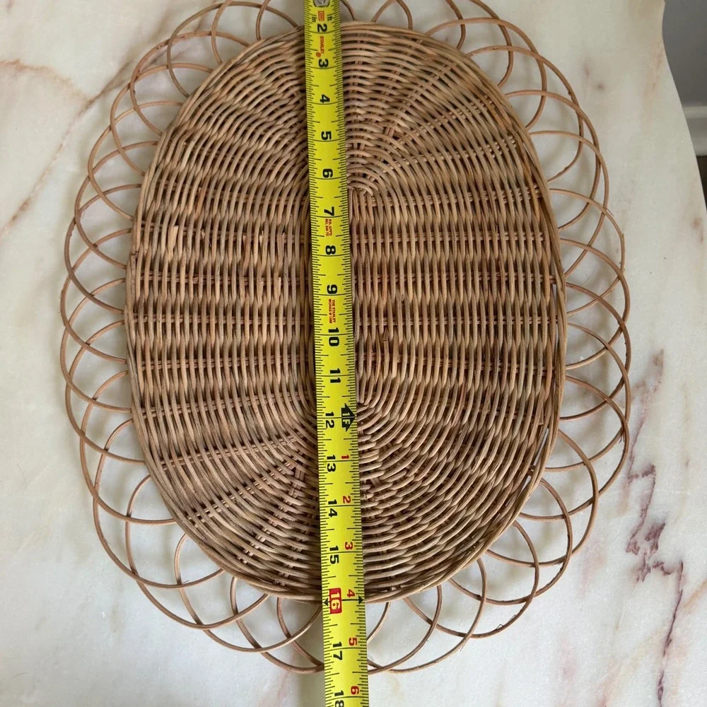 Vintage Wicker Rattan Oval Tray Scalloped Loop Edge Boho Wall Decor 17.5 Inch